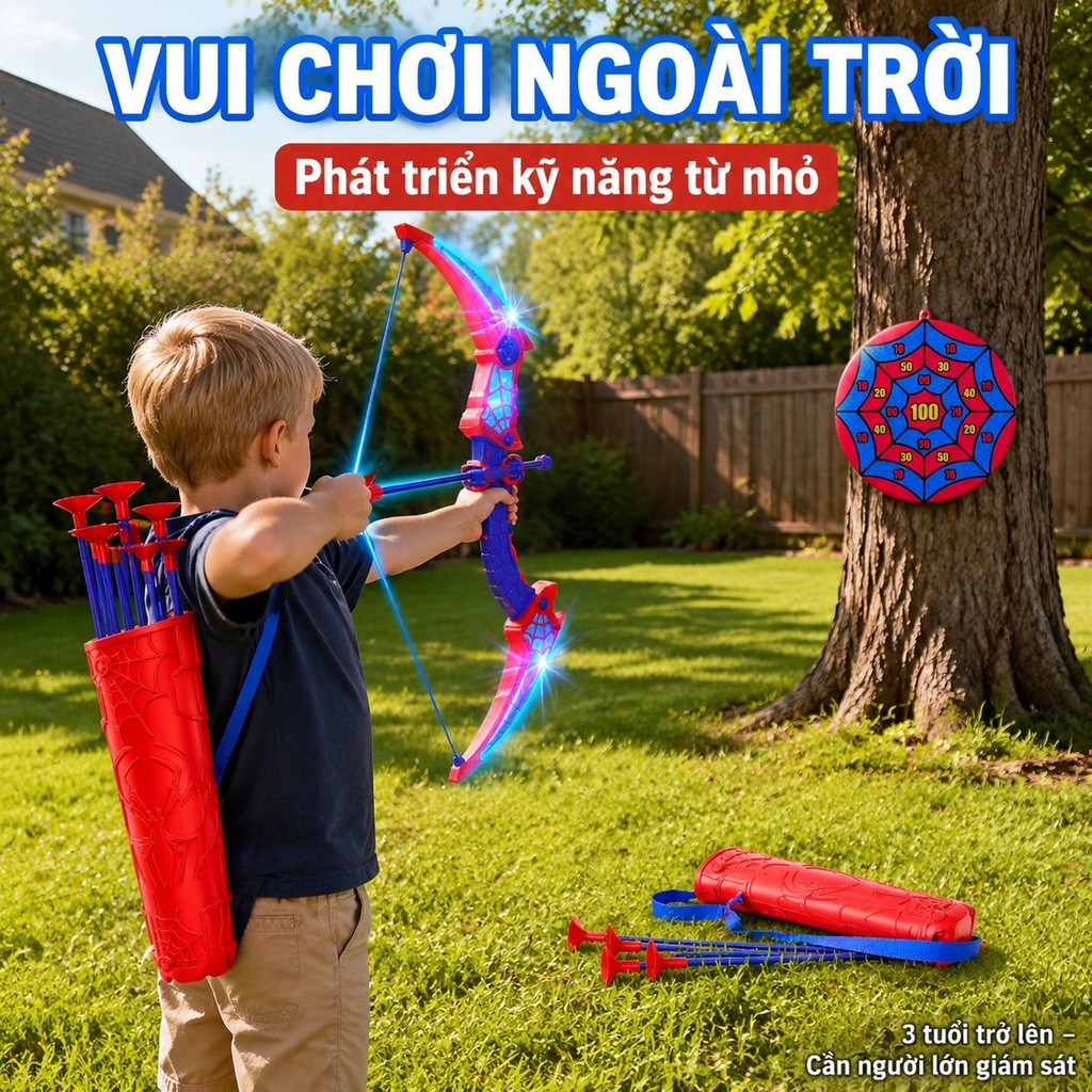 Cung Tên Người Nhện Có Ống Đựng Tên Đeo Vai Đèn LED Đầu Hút Silicon An Toàn Cho Bé 3+ đồ chơi ngoài trời trẻ em