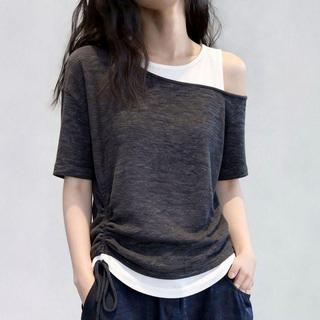 [Seckill trong thời gian có hạn] Áo thun ngắn tay hai mảnh giả màu tương phản, mùa hè 2026 Plus Size Fat MM Design Áo đeo vai nghiêng không đều