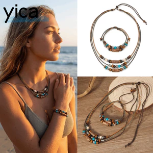 Bộ trang sức hạt gỗ YICA, Hạt gỗ Dây buộc có thể điều chỉnh Bộ vòng cổ Boho, Hạt xếp lớp thủ công thoải mái tông màu Trang sức dệt tay Quà tặng