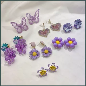 YT4 Nữ Trang Sức Bạc 925 Bướm Tím Hoa Elegent Bông Tai Thời Trang Hàn Quốc Đơn Giản Dài Tòn Ten Thả Trang Sức Ea