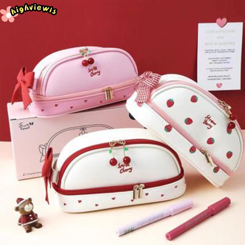 Bút chì HIGHVIEWLS, Túi bút chì dễ thương Smile Cherry Strawberry, Văn phòng phẩm di động Gấu da PU hai lớp Túi đựng bút cô gái