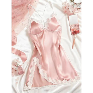 Váy Ngủ Lụa Satin Hai Dây Phối Ren Xẻ Tà Quyến Rũ