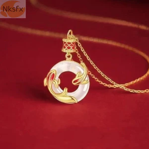 Vòng cổ phong cách Trung Quốc NKSFX, Vòng cổ khóa hòa bình thiết kế may mắn phong cách Trung Quốc, Quà tặng mặt dây chuyền may mắn tối giản hình tròn rỗng sáng tạo dành cho nữ