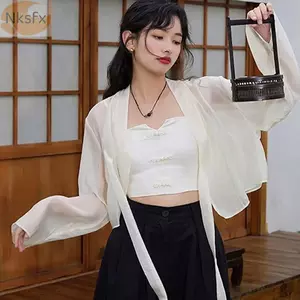 Khăn choàng lụa băng NKSFX, Áo len chống nắng cổ chữ V, Áo len cardigan dài tay có dây buộc cổ chữ V phong cách Hanfu