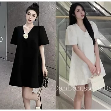 Váy suông xòe A, Váy suông cổ tim cài hoa có bigsize 40kg-120kg