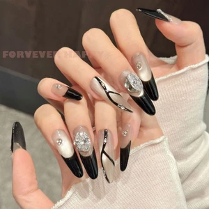 10 Chiếc Bấm Móng Tay Đen Bạc Pháp Mắt Mèo Lấp Lánh Bóng Đèn Handmade Nhân Tạo Acrylic Móng Tay Giả Cho Nữ Dự Tiệc Mặc