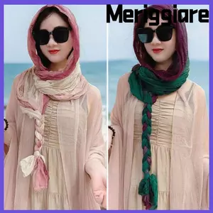 Khăn chống nắng MERIGGIARE, Khăn lụa dài chống nắng, Phụ kiện thời trang Khăn quàng cổ dệt tay xếp ly mùa xuân hè