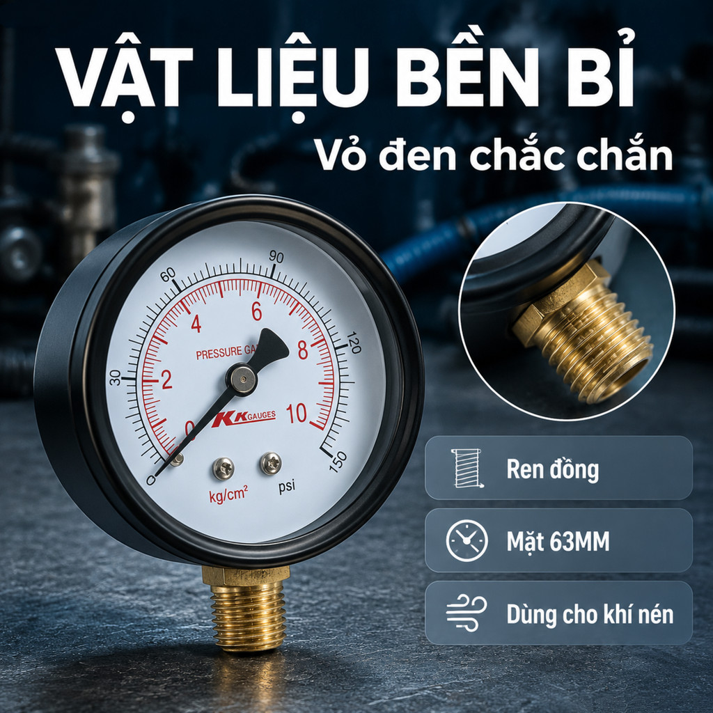 【COD】Đồng hồ áp suất hơi mặt 63mm chân đứng chất lượng cao dễ dàng lắp đặt và sử dụng cho nhiều ứng dụng công nghiệp