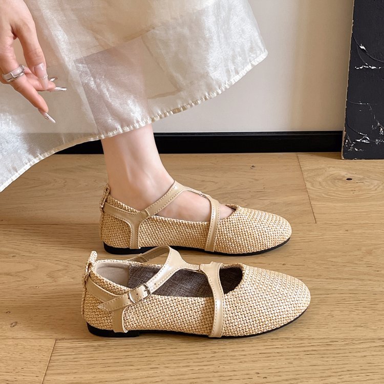 Retro Mũi Tròn Dệt Flat Slip-On Mary Jane Giày Mùa Hè Phong Cách Mới Thời Trang Thường Ngày Ngoài Trời Mặc Chống Trơn Trượt Chống Mài Mòn Đi Lại Giày Đế Bằng Nhà Máy Ai