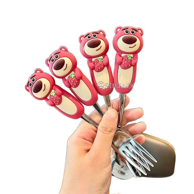 Dâu Winnie the Pooh Thìa Nĩa Inox Ngoại Hình Học Sinh Bộ Đồ Ăn Chống Sốc Trẻ Em Muỗng Nĩa Gói 25.9.12