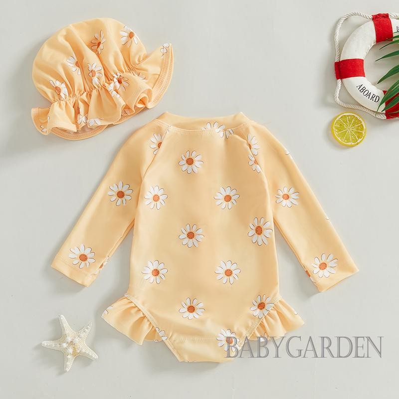 Đồ bơi một mảnh in hoa dài tay cho bé gái có mũ