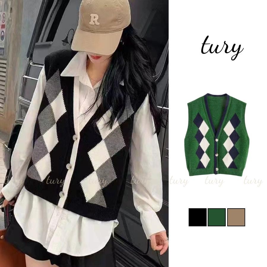 Áo Len Unisex Nam Nữ - Tury - Áo Gile Dệt Kim Cổ V Họa Tiết Hình Thoi Thời Trang Thu Đông - TA027