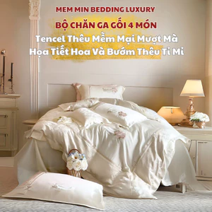 Bộ chăn ga gối Tencel cao cấp mềm mượt MemMinbedding Luxury họa tiết thêu hoa bướm tinh tế sang trọng - L41648