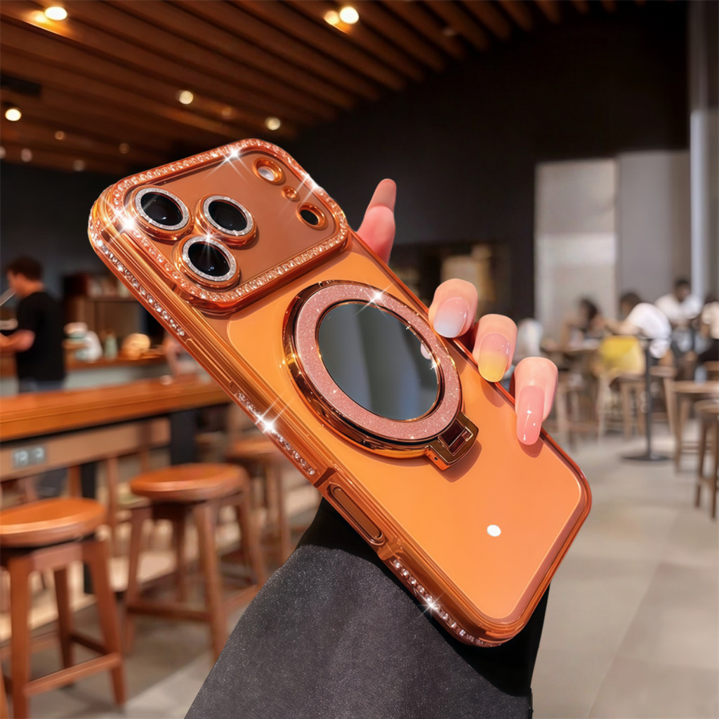 Ốp điện thoại giá đỡ gương màu hồng lấp lánh sang trọng cho iPhone 17 12 13 14 15 16 Pro Max Air 15 16 plus Bảo vệ Camera ống kính Vỏ chống sốc Vỏ mềm TPU vỏ bảo vệ điện thoại