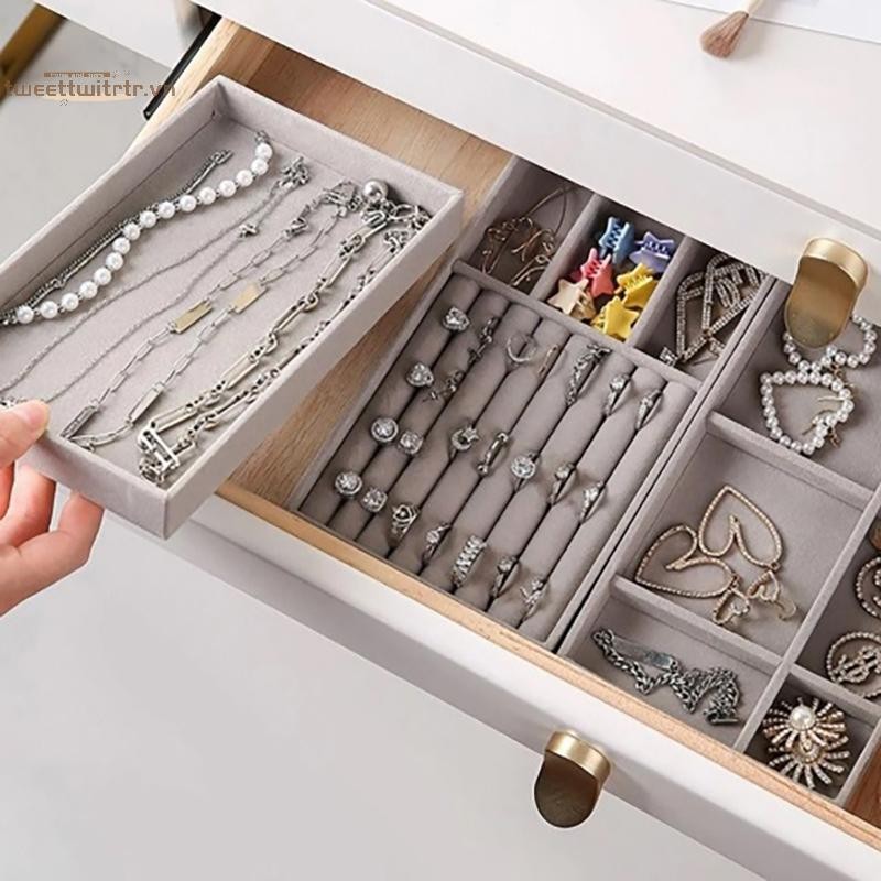 TRTR Nhung Hộp Trang Sức Khay Bảo Quản Trang Sức Giá Đỡ Cho Nhẫn Bông Tai Vòng Cổ Vòng Tay Hộp Trưng Bày Trang Sức Hộp Phân Loại VN