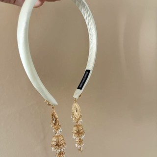 Kẹp tóc phong cách dân tộc retro màu be với satin nhấp nháy zirconia và ngọc trai - JCQO