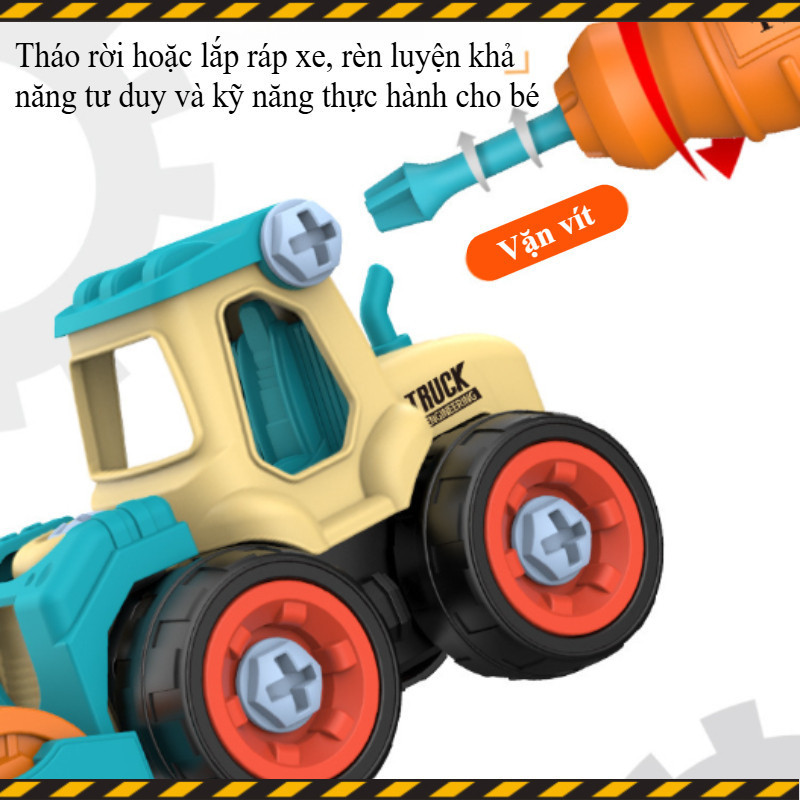 Đồ chơi xe công trình lắp gép, Bộ 4 xe nhiều màu kèm vít & tua vít, đã ghép sẵn kích thích thị giác