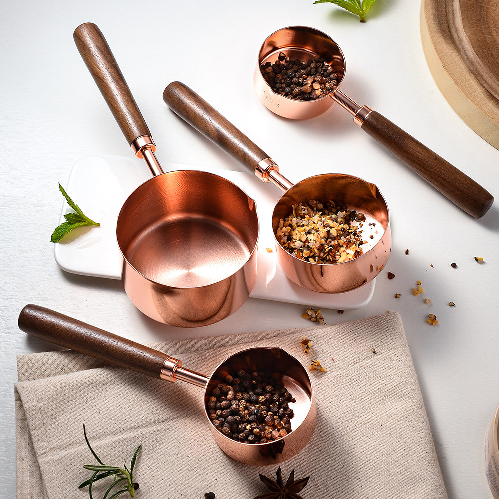 Cốc đo lường bằng thép không gỉ mạ vàng Muỗng đo lường Acacia Tay cầm bằng gỗ Dụng cụ đo lường Bát @ -