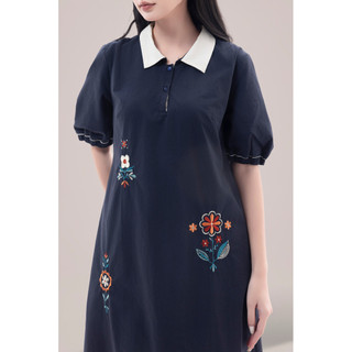 SWANLAKE | Váy Đầm Nữ Suông Vải Cotton Thêu Hoa Cổ Sơ Mi Tay Ngắn Phồng Công Sở Thanh Lịch D13077