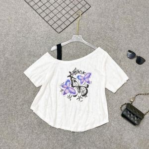 Áo thun bigsize nữ lệch vai form rộng vải xược in bươm bướm tím cá tính, croptop dễ thương năng động-A316