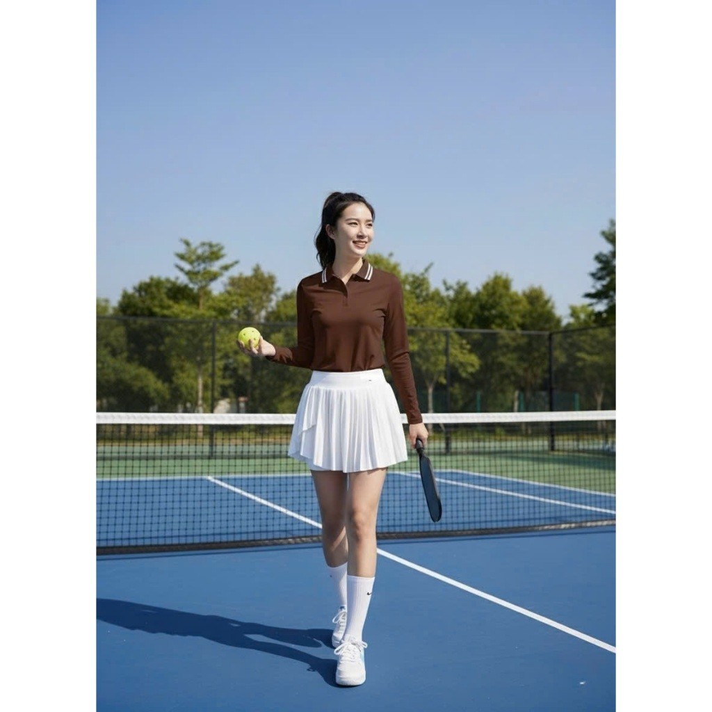 [PICKLEBALL] Bộ thể thao nữ, Áo dài tay mix váy xếp ly chơi pick, Golf, Tennis, Pickleball, cầu lông...