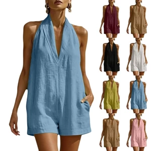 Rompers dành cho nữ Bộ áo liền quần ngắn cổ chữ V đi biển Bộ áo liền quần dáng rộng thông thường có túi