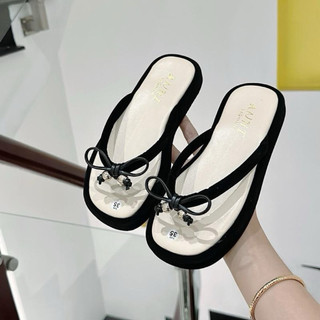Dép quai kẹp Nữ IGU STORE  bằng Nhung kèm nơ nhỏ xinh xắn đế thấp nhẹ chân trẻ trung dễ phối đồ