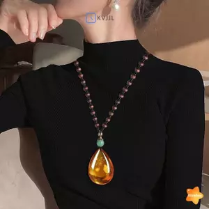 Mặt dây chuyền màu hổ phách cổ điển Nelace dành cho nam và nữ Mặt dây chuyền dài Áo len Dây chuyền Quà tặng ngày của mẹ mới