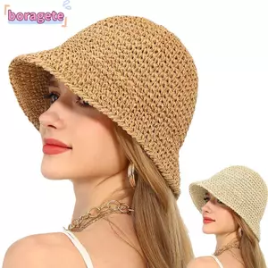 Mũ che nắng ngoài trời BORAGETE, Mũ xô rơm thoáng khí có thể gập lại, Mũ dệt tay thời trang chống tia cực tím Mũ ngư dân cho nữ đi biển