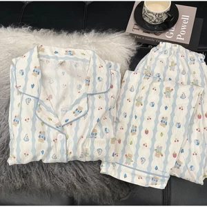 Bộ Đồ Ngủ Trực Tiếp Douyin Nữ Xuân Thu Áo Cardigan Cổ Bẻ Cotton Dài Tay Rộng Rãi Ngọt Ngào Bộ Đồ Mặc Nhà