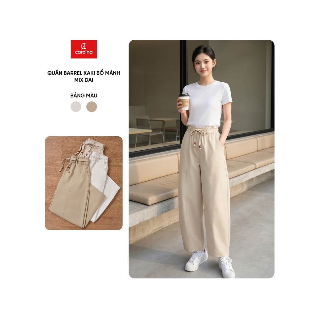 Quần dài nữ CARDINA dáng barrel kaki bổ mảnh mix đai 6QDB04