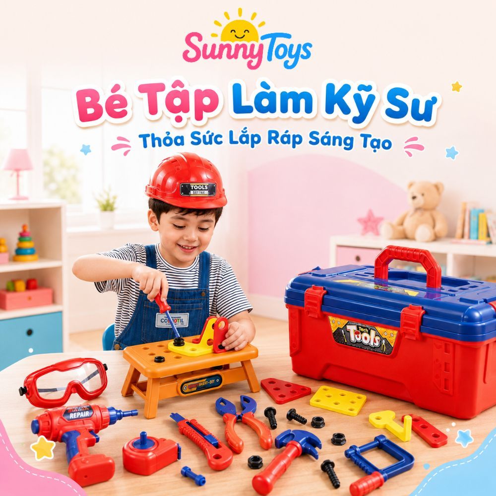 Bộ Đồ Nghề Kỹ Sư Nhí 37 Món SunnyToys - Khoan Điện, Mũ Và Kính Cho Bé Chơi Lắp Ráp