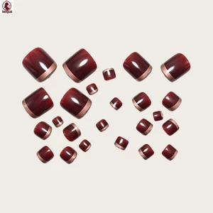 Burgundy Gold Edge French Toe Nails 24 Miếng Nhựa Tự Dính Đeo Móng Tay Giả Cho Chân Châu Á