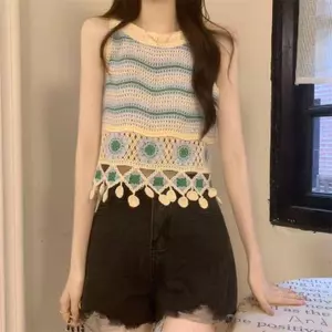 Áo yếm dệt kim thêu hoa rỗng mùa hè dành cho nữ Thiết kế dân tộc cổ điển tua rua ngắn hàng đầu