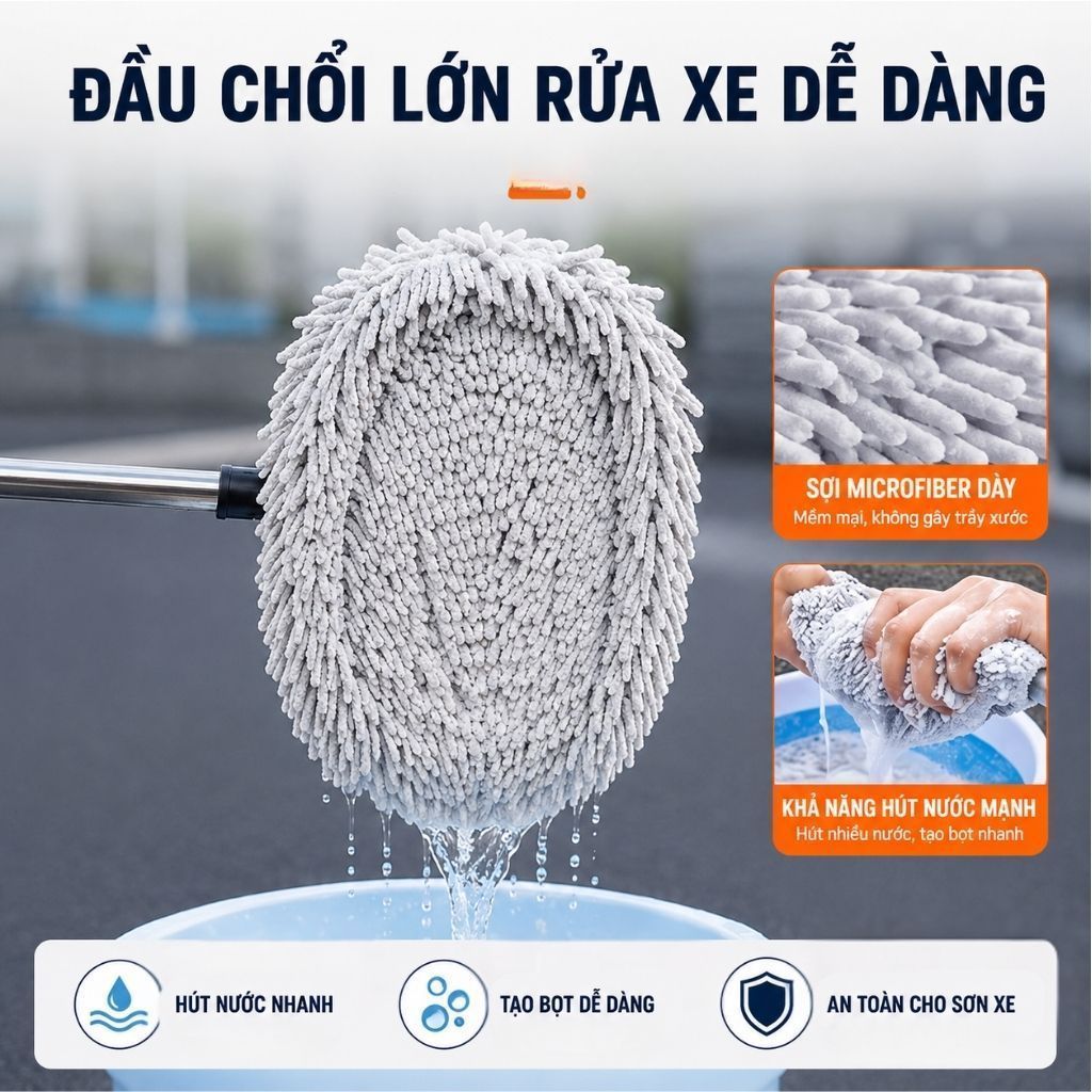 Cây Lau Rửa Xe Cao Cấp Xoay 180 Độ, Cây Lau Xe Hơi Siêu Mềm Không Gây Xước Sơn Richouse