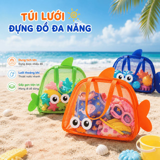 Túi Lưới Đựng Đồ Đi Biển Cho Bé Hình Cá Dễ Thương, Túi Đựng Đồ Chơi Cát, Đồ Bơi, Phụ Kiện Hồ Bơi