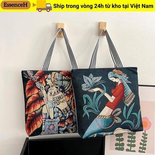 ESSENCEH Tranh Túi Đeo Vai, Túi Xách Canvas Hình Vuông Retro, Túi Tote