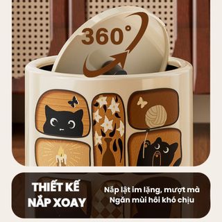 Thùng Đựng Rác 13L Họa Tiết Mèo Dễ Thương Có Bánh Xe, Nắp Đậy Chống Mùi Phong Cách Nhật Bản