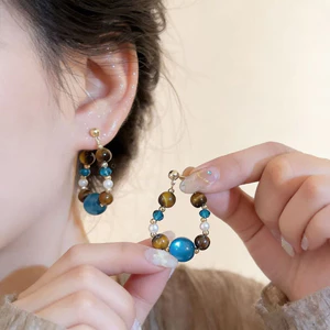 Mới Phong Cách Trung Quốc Đá Tự Nhiên Đính Hạt Bông Tai Nữ Bohemian Retro Bông Tai Cổ Niche Tất Cả Trận Đấu Bông Tai Phụ Kiện Hợp Thời Trang