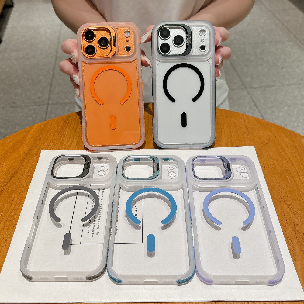Ốp điện thoại chống trượt bên nhiều màu sắc có giá đỡ ống kính cho iPhone 17 16 15 14 13 12 Pro Max 16 15 14 Plus 11 Vỏ thời trang chống rơi từ tính trong suốt