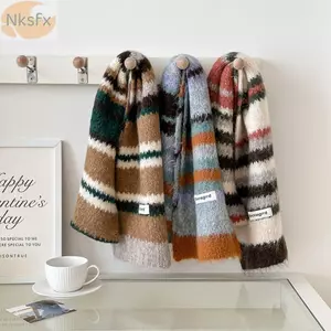 Khăn choàng len NKSFX, Khăn dệt kim bảo vệ cổ nhiều màu sắc cao cấp, Thời trang nữ sọc dày bọc mũi giữ nhiệt