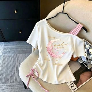 Áo thun bé gái mùa hè tay ngắn lệch vai rút dây thời trang - áo cotton in hình dễ thương
