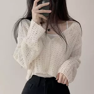 Áo len dệt kim rỗng bên ngoài dáng rộng mặc bên ngoài kiểu mỏng Vỏ bọc thịt ngắn + Sling
