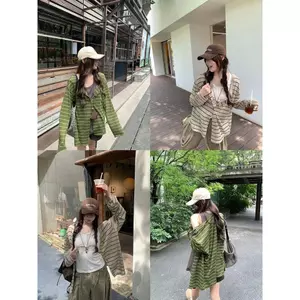 Áo len Cardigan sọc phong cách lười biếng mùa hè 2026 Phong cách mới thông thường Thoải mái chống nắng Áo khoác dệt kim mỏng phong cách nữ