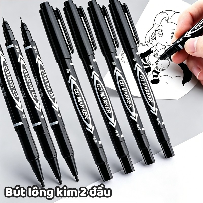 Bút Lông Dầu 2 Đầu Bút Dạ Kính Mực Đen Đỏ Vẽ Mỹ Thuật Sketch Đánh Dấu Khô Nhanh