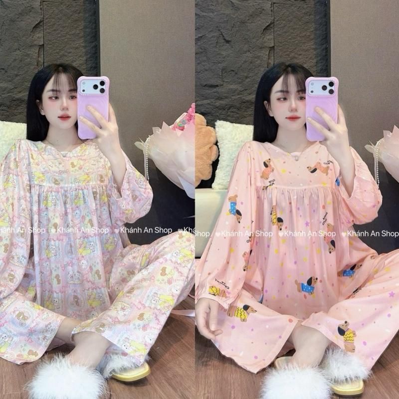 HÀNG CHUẨN Khánh An Shop Babydoll KA123 - Đồ Bộ Tole Lanh Nữ Mặc Nhà Áo Cổ Tròn Tay Dài Quần Dài Size M/L/XL F11