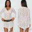 MAPLEPOET-Nữ Boho Sheer Mini Đầm Ren Dài Tay Sâu Cổ Chữ V Bất Đối Xứng Viền Nhìn Xuyên Qua Váy