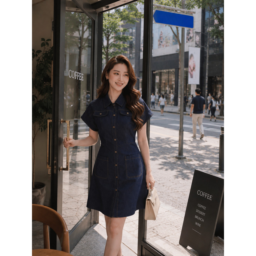 Đầm Denim nữ ELLA DORA thiết kế cúc đồng phối nắp túi form dáng ngắn thanh lịch màu XANH ĐẬM [D308]