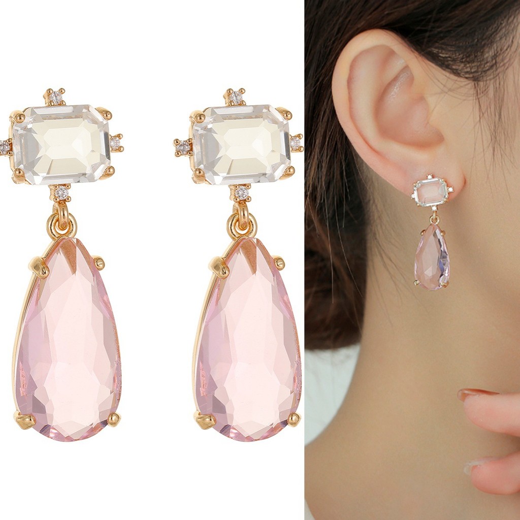 Bông tai pha lê hồng thời trang châu Âu và Mỹ