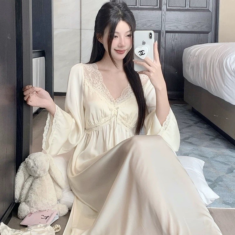 Bộ Đồ Ngủ Pháp Ice Silk Váy Ngủ Dài Tay Ren Ngọt Ngào Xuân Thu Cung Điện Công Chúa Loungewear Ngực Miếng Lót Gợi Cảm